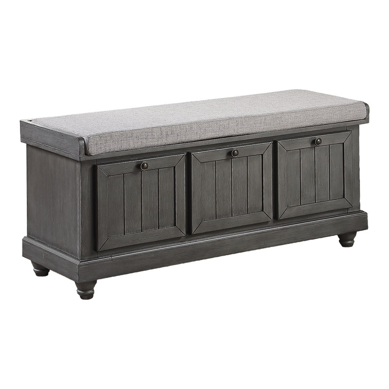 Banc de rangement en bois massif gris foncé avec siège rabattable et coussin en mousse