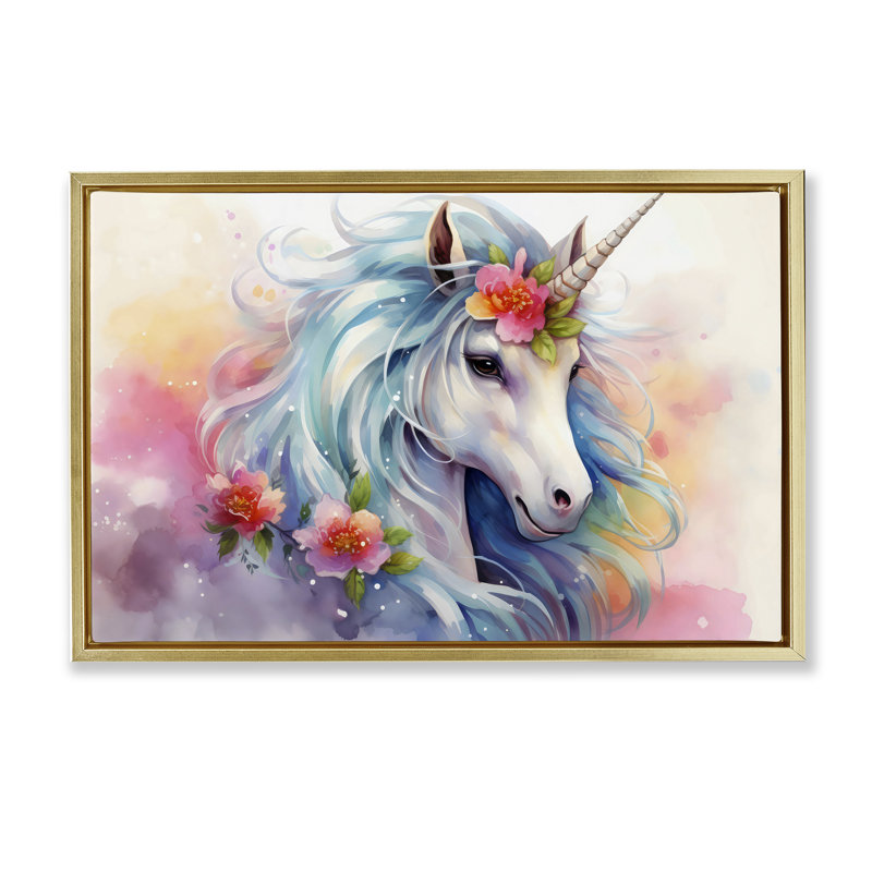Cadre flottant licorne magique avec fleurs, design by Creative Studio, H 21 po x l 31 po, Cadre flottant métallique doré