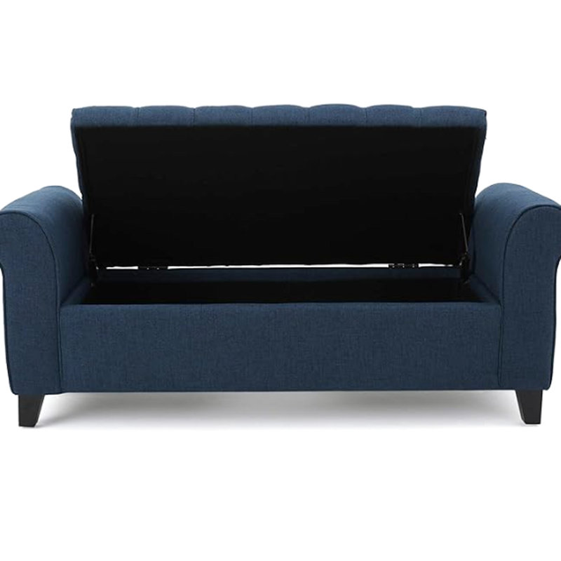 Siège de rangement polyvalent avec couvercle à boutons et accoudoirs roulés, motif de banc moderne en tissu bleu marine élégant