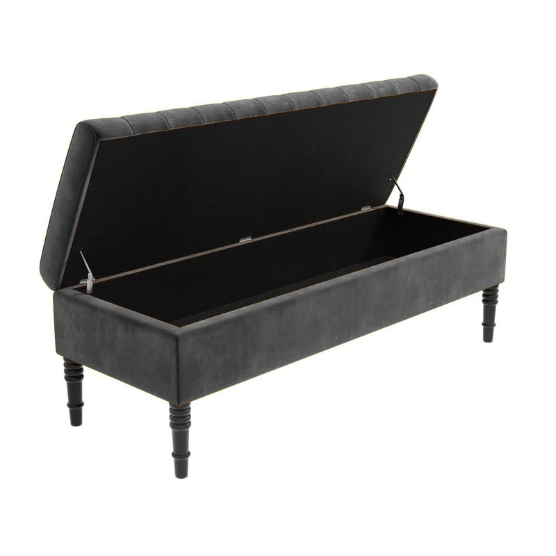 Safar Striped Ottoman Storage Bench – Upholstery Plush Velvet Shoe Bench with Black Turned Wooden Legs, Steel Grey
