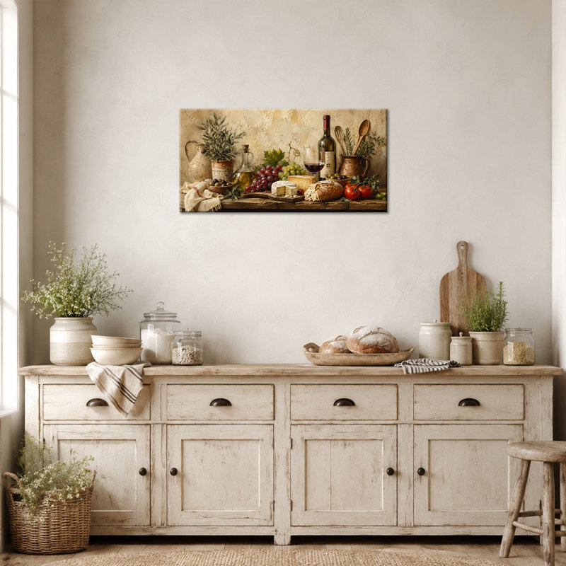 Tableau sur toile « Vin et Gastronomie », nature morte rustique avec raisins, fromage, pain et table, idéal pour la salle à manger ou un coin vin. Toile tendue sur châssis, prête à accrocher, 30 x 60 cm.