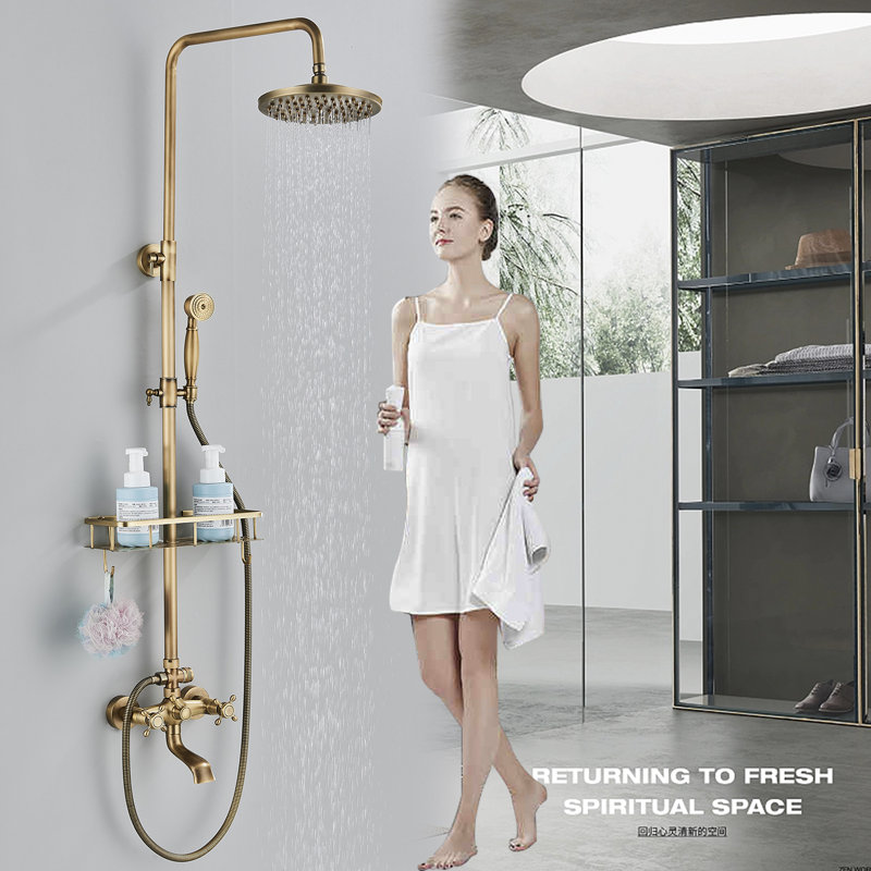 Antique Brass Shower Faucet System Fixture Shower Set With Tub Spout
