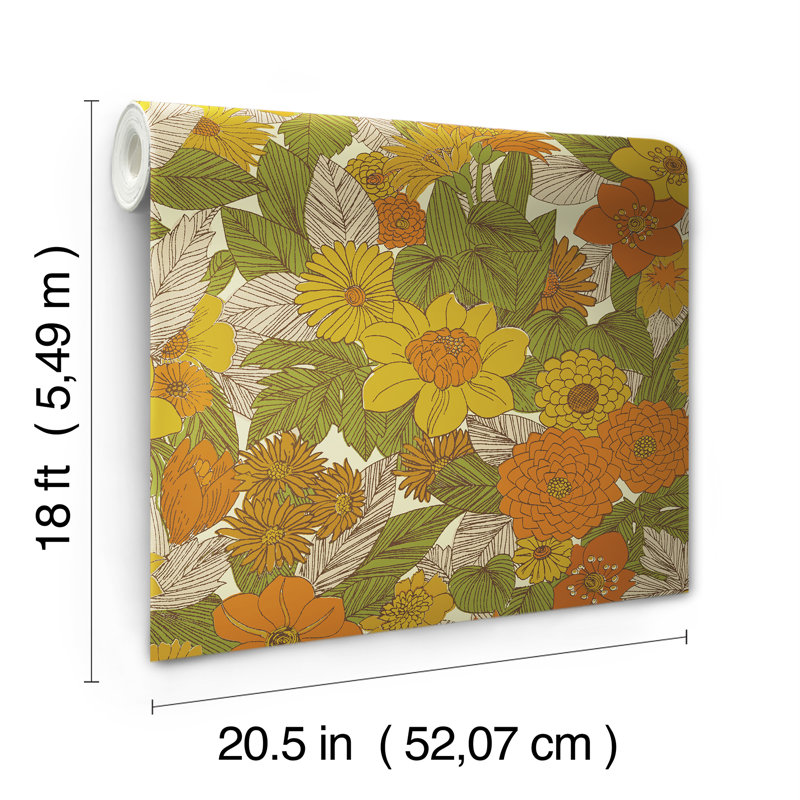 Papier peint rétro à peler et coller floral, Jaune