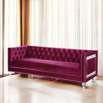 Heibero Glam Sofa With Burgundy Velvet, Tufting & Acrylic Legs