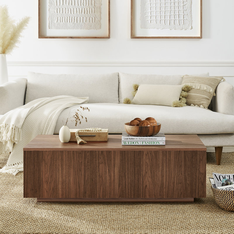 Table basse cannelée 48 po avec base solide en noyer satiné Reyes, Noyer satiné