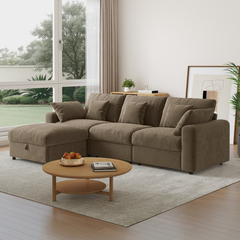 Canapé d'angle modulaire BedLuxury 110 po en chenille moderne avec pouf de rangement, Brown Chenille