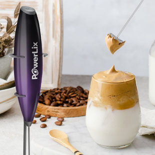 PowerLix Milk Frother Handheld Battery Operated Electric Whisk Foam Maker For Coffee With Stainless Steel Stand Included