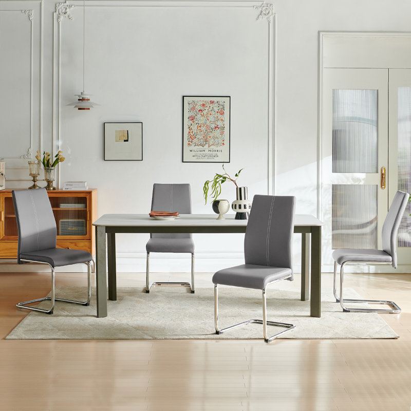 Faux Leather Dining Chair Set with Chrome Cantilever Base, Grey, 4