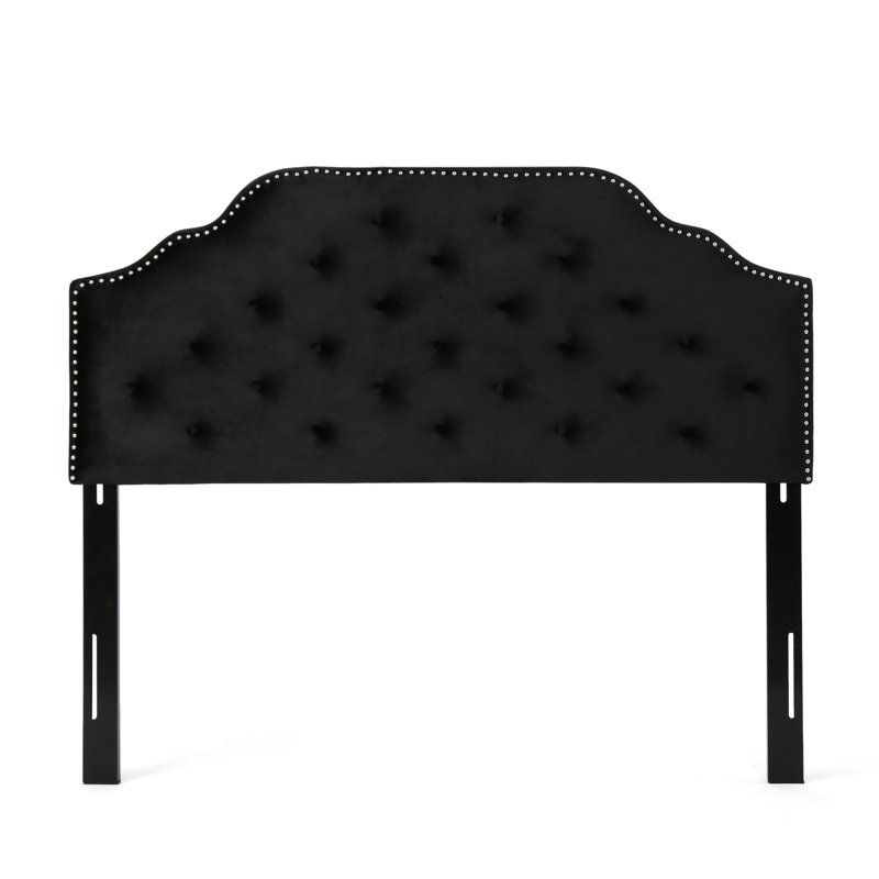 Queen & Full Sized Headboard - Black Velvet Upholstery With Button Diamond Stitch And Charming Nailhead Details, Assembly Required Contemporary Stylish Needed