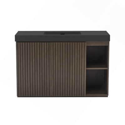Ensemble de meuble-lavabo autoportant en chêne fumé 48F avec lavabo à une pièce pour salle de bain moderne avec lavabo à une pièce en quartz noir sans drain ni robinet