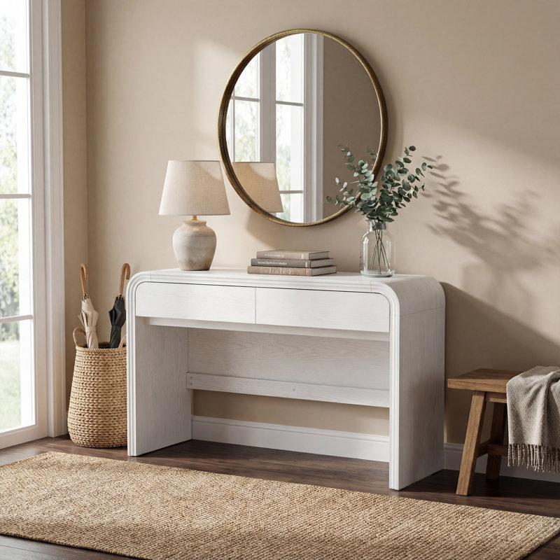 Curved Edge MDF Console Table With 2 Drawers Storage Entryway Table, White