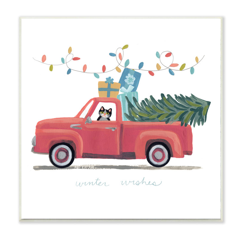 Chat, Noël, camion rouge, hiver, souhaits, Plaque murale, H 12 po x l 12 po x P 0,5 po