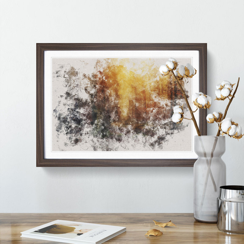 Forest At Sunset Watercolour - Single Picture Frame Print on MDF, 36cm H x 48cm W x 2cm D, Walnut Framed