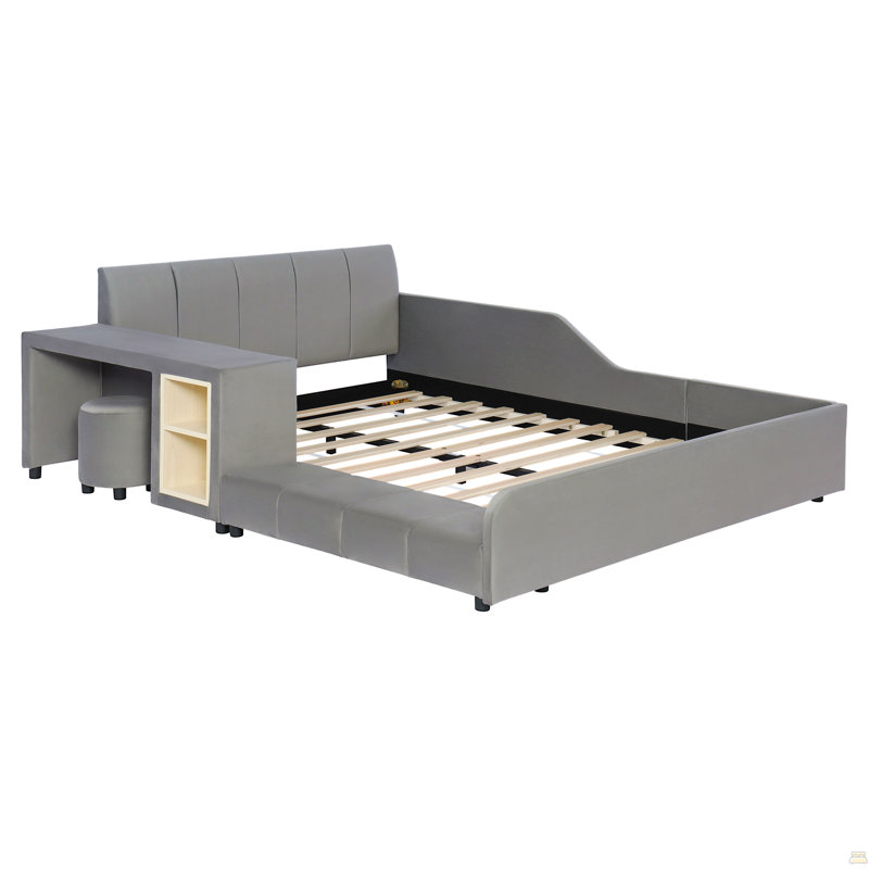 Full Size Upholstered Grounded Bed, Mother & Child Bed With Bedside Desk And Little Round Stool, Full , Gray