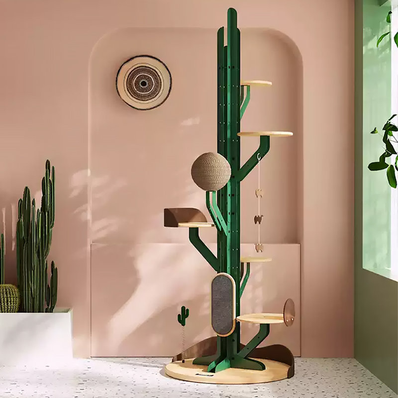 Arbre à chat en bois massif en forme de cactus