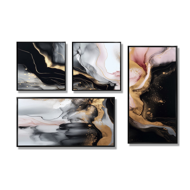 Marbre noir doré I - art mural noir 4 pièces, Impression encadrée sans passe-partout, Noir