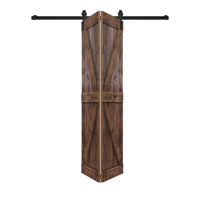 Porte de grange pliante en bois massif de style K avec trousse de quincaillerie - assemblage requis, Noyer foncé