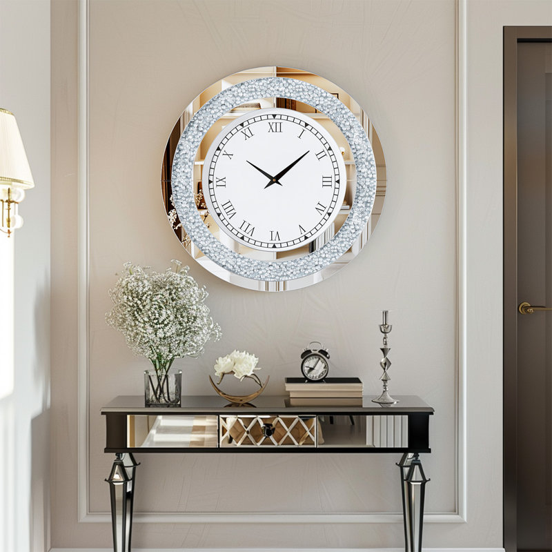 Horloge murale ronde à miroir, Argent argent, Large