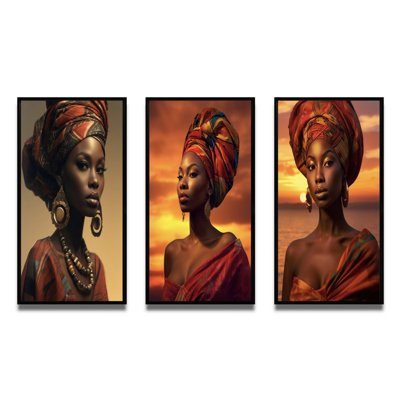 "Beauté africaine en tenue traditionnelle au coucher du soleil", 3 pièces sur toile, Cadre flottant noir, H 32 po x l 48 po