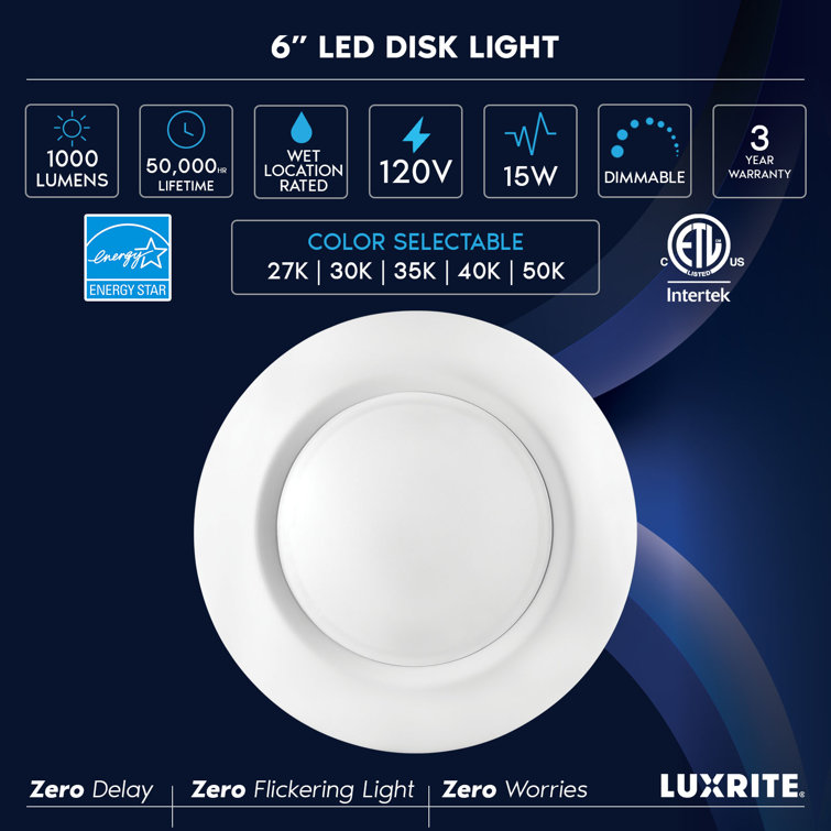 Luxrite 6 inch LED Disk Lights, 15W, 5CCT 2700K-5000K, 1000Lm, Dimmable, J-Box or 6 Can Install, Energy Star 4-Pack LR23863