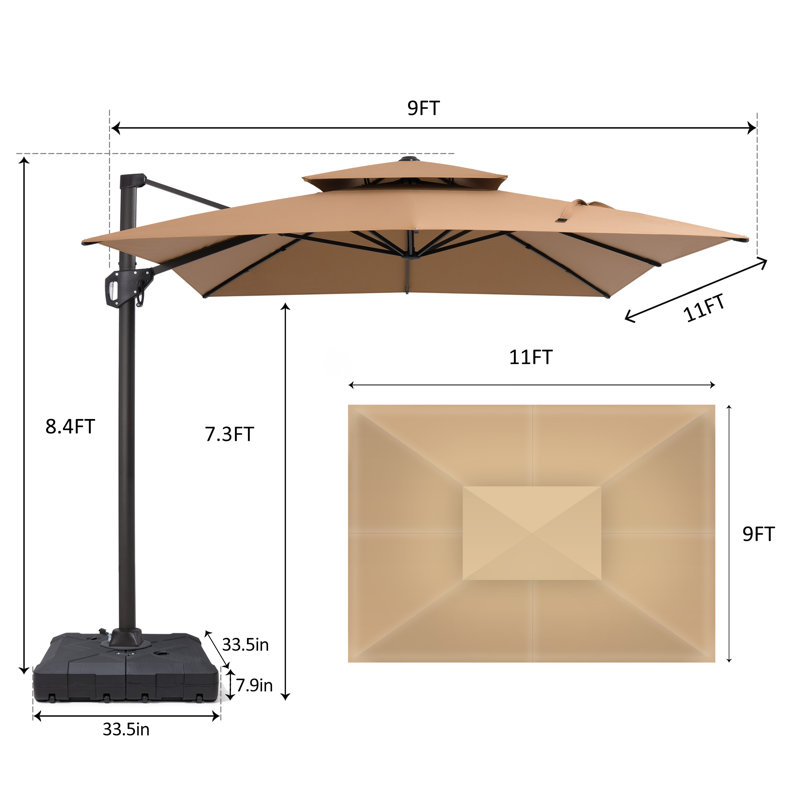 Parasol en porte-à-faux rectangulaire avec base lestée 128 po x 104 po, Tanné