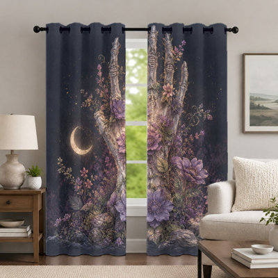 2Pcs Mystical Floral Hand Pattern Curtains, Fantasy Style Curtain, Artistic Moon and Flower Theme Printed Grommet Drapes, Window Treatment for Bedroom Living Room Home Decor