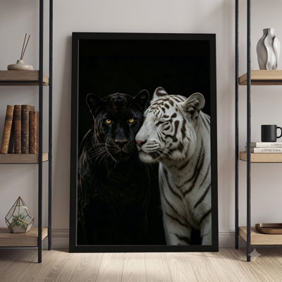 24" x 36" Black Framed Canvas Wall Art Black panther and white tiger nuzzle, dramatic lighting, Realistic photographic art style. Print on Canvas for Living Room Bedroom