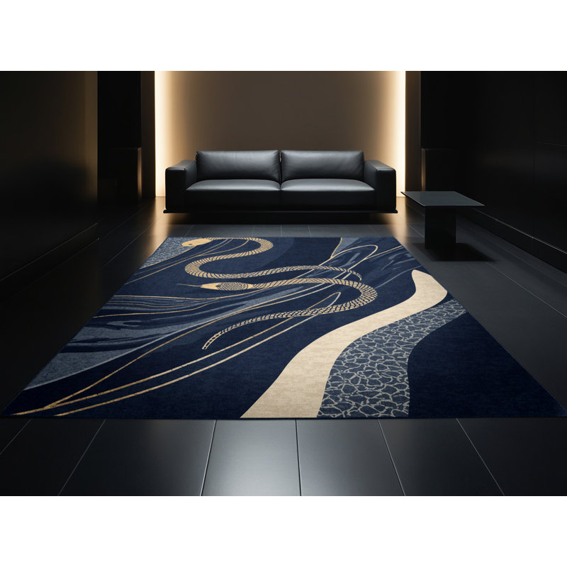 Tapis bleu éclectique Pittman Lamia lavable à la machine - reliure bleu marine, 7 x 10