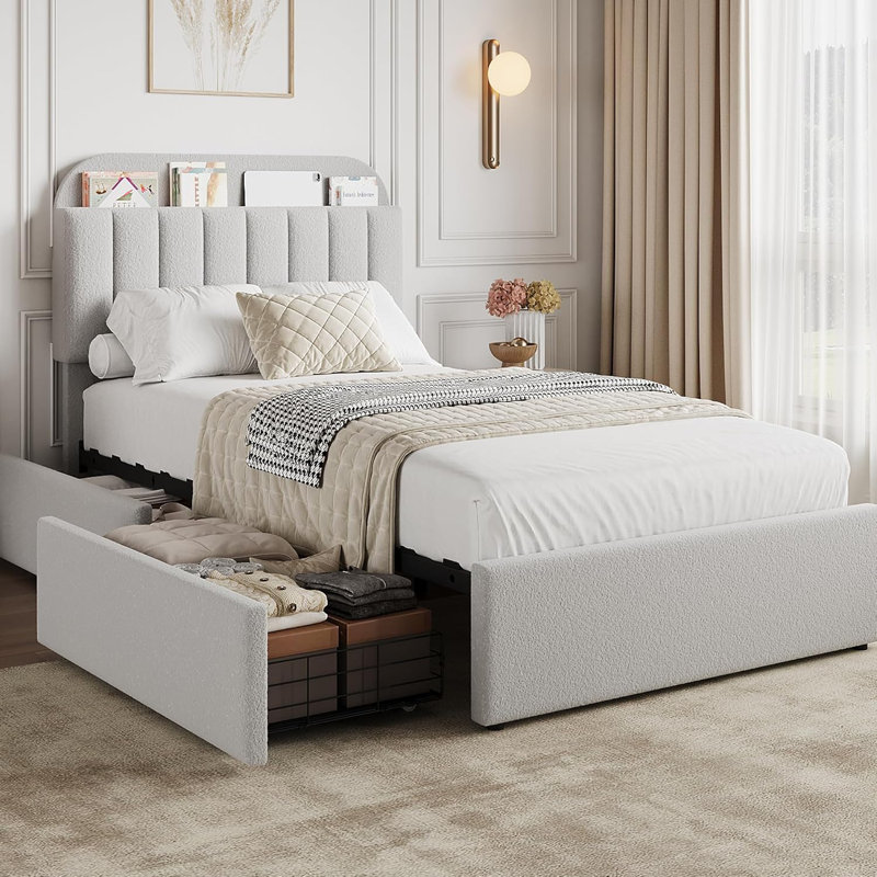Cadre de lit avec tête de lit avec rangement, cadre de lit avec 2 tiroirs, Gris, Lit simple