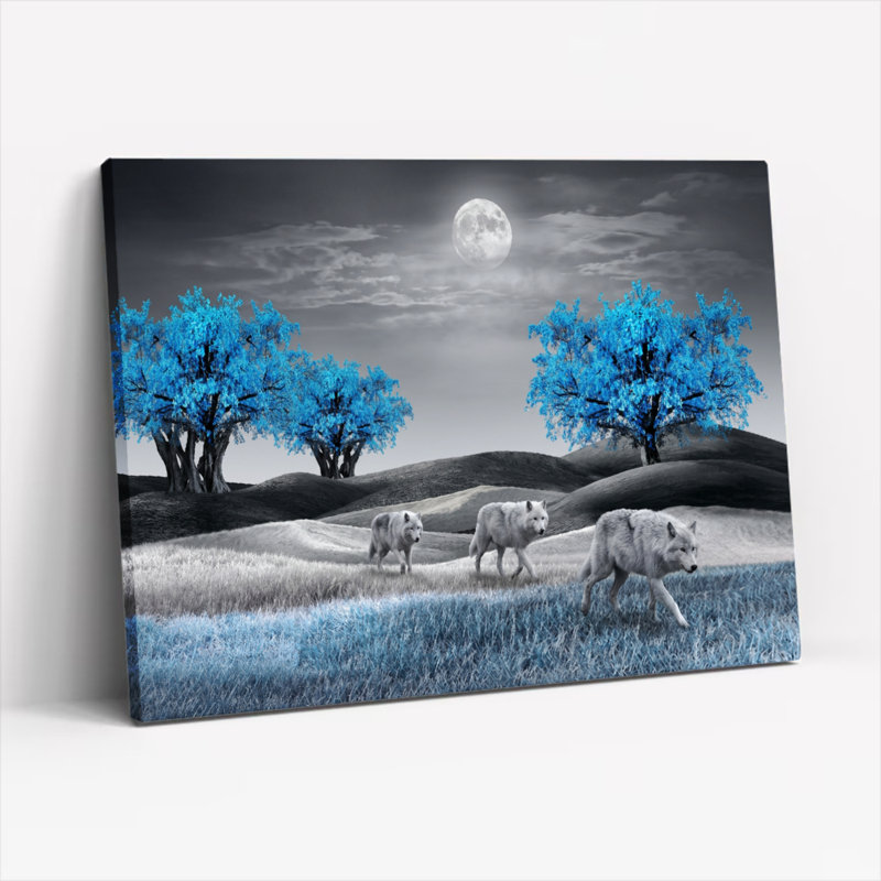 Ensemble de 1 tableau sur toile « Loups au clair de lune », H 36 po x l 48 po, Wrapped Canvas