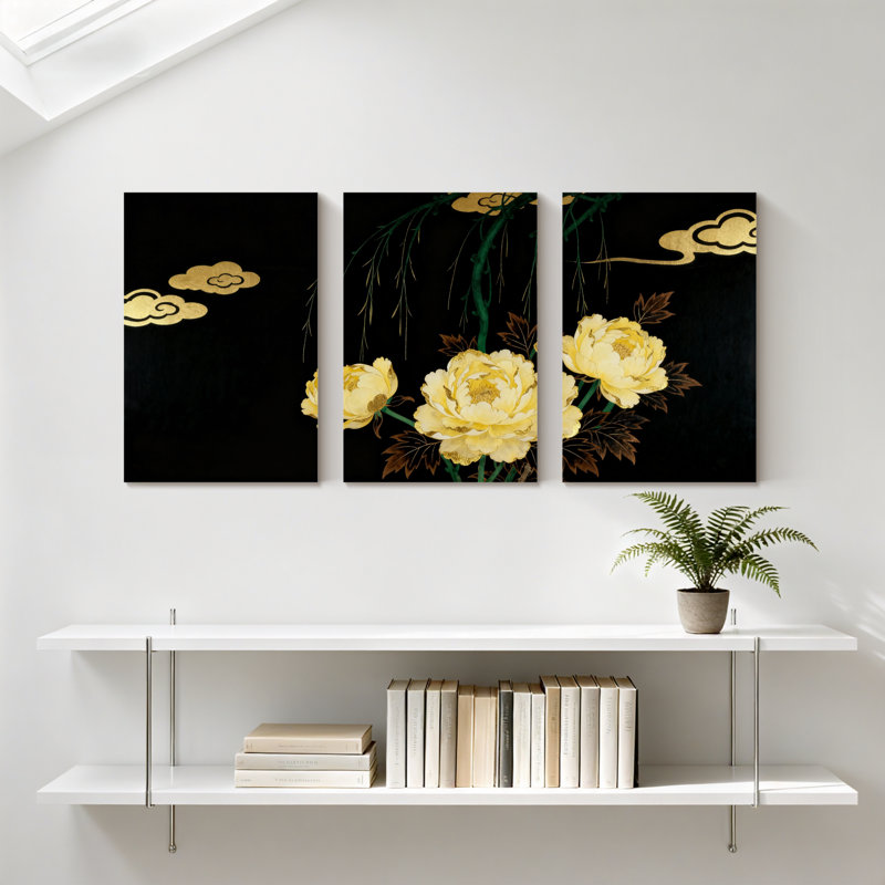 Pivoine fleurs dorées sur fond noir avec nuages, ensemble de 3 impressions sur toile, H 30 po x l 60 po