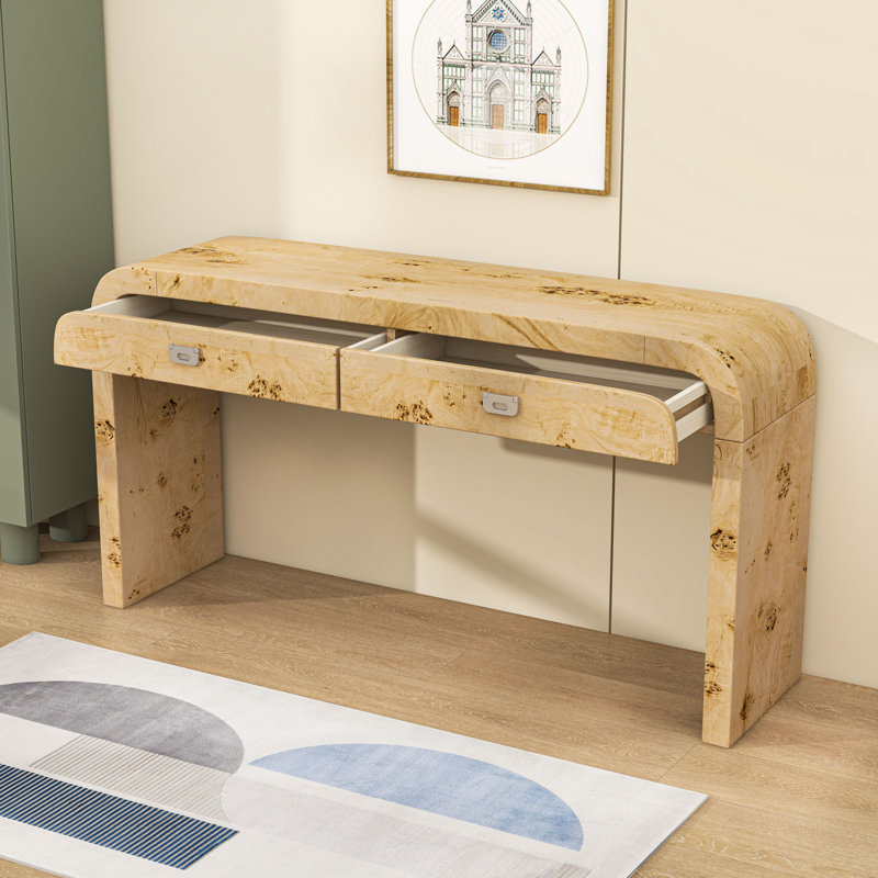 Console en bois avec 2 grands tiroirs, Brun bois naturel
