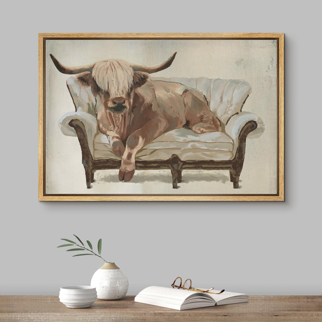 Animals Highland Cow On Sofa - Cozy Rustic Animal Neutral Farmhouse Decor Framed On Canvas Print Wall Art IDEA4WALL Frame 