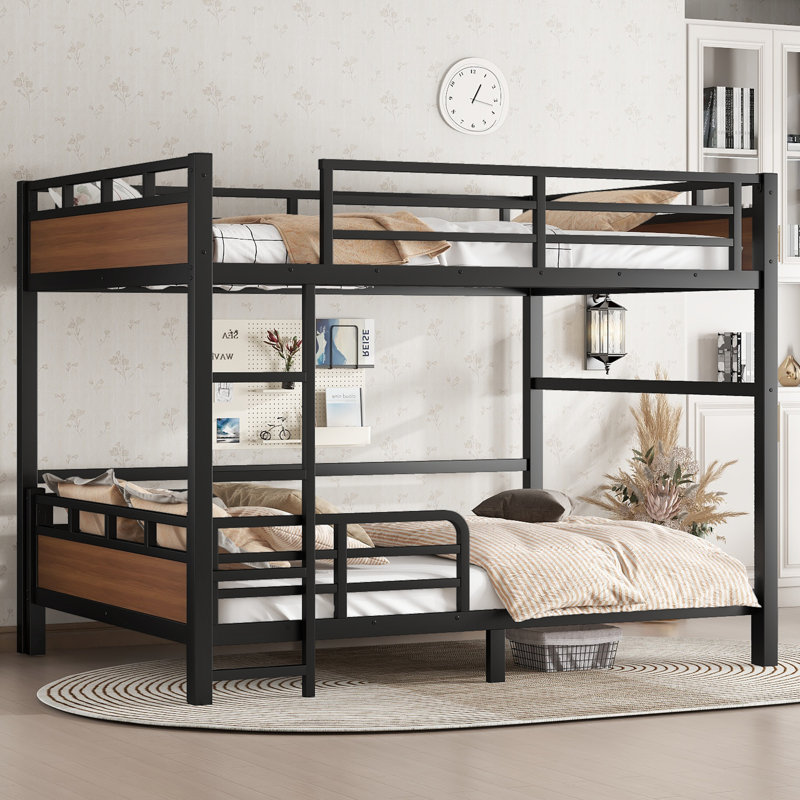 Queen over Queen Bunk Bed Metal Loft & Platform Bed with Raised Safety Fence – Convertible Split Bed for Kids,Walnut Color