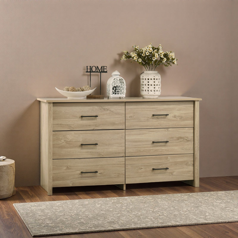 Commode 6 tiroirs 57 po avec poignées, Chêne clair