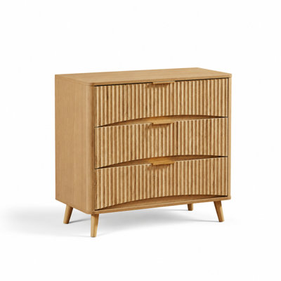 Fluted 3 Drawer Dresser, Mid-Century Modern Tall Chest of Drawers with Vertical Grooved Panel Design, Solid Engineered Wood Storage Cabinet with Metal