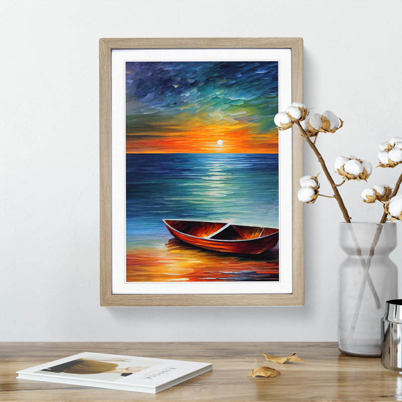 Boat at Sunset No.3 - Wall Art, 36cm H x 27cm W x 2cm D, Oak Framed, White