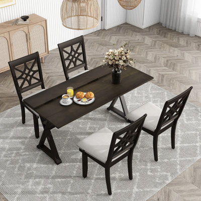 Ensemble de table de salle à manger extensible 5 pièces avec pieds en forme de X, console avec deux couvercles rabattables et chaises rembourrées