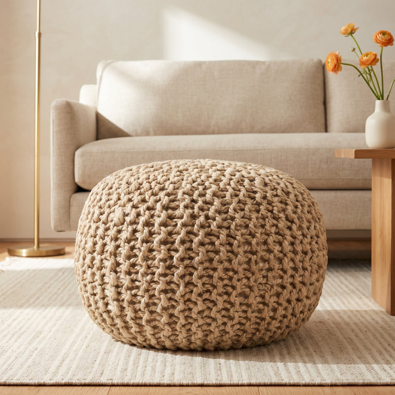 Marah 20" Wide Round Pouf Ottoman, Natural Weave