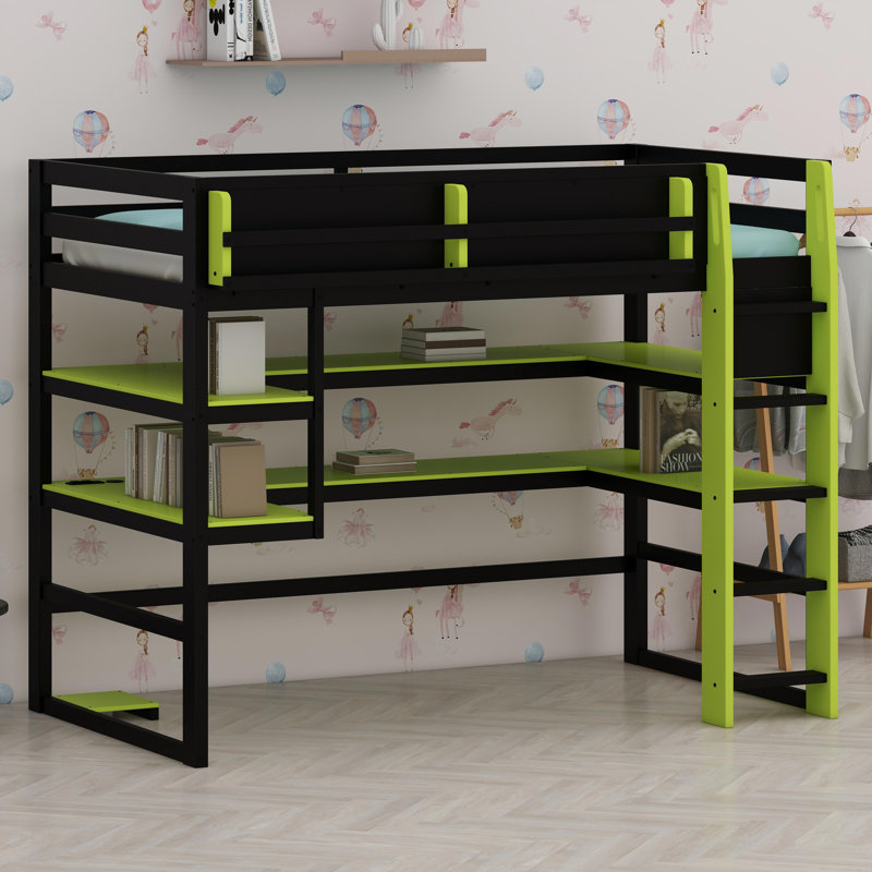 Multifunctional Loft Bed with Integrated Workstation, Side Organization Rack, Extensive Shelving, and Customizable RGB Lighting