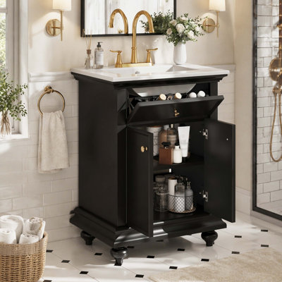 Raised Panel Freestanding Bathroom Vanity Cabinet, Floor Bath Storage Vanity with Tip-Out Front Drawer, Soft Close Double Doors, Adjustable Inner Shelf & Integrated Gloss Ceramic Sink