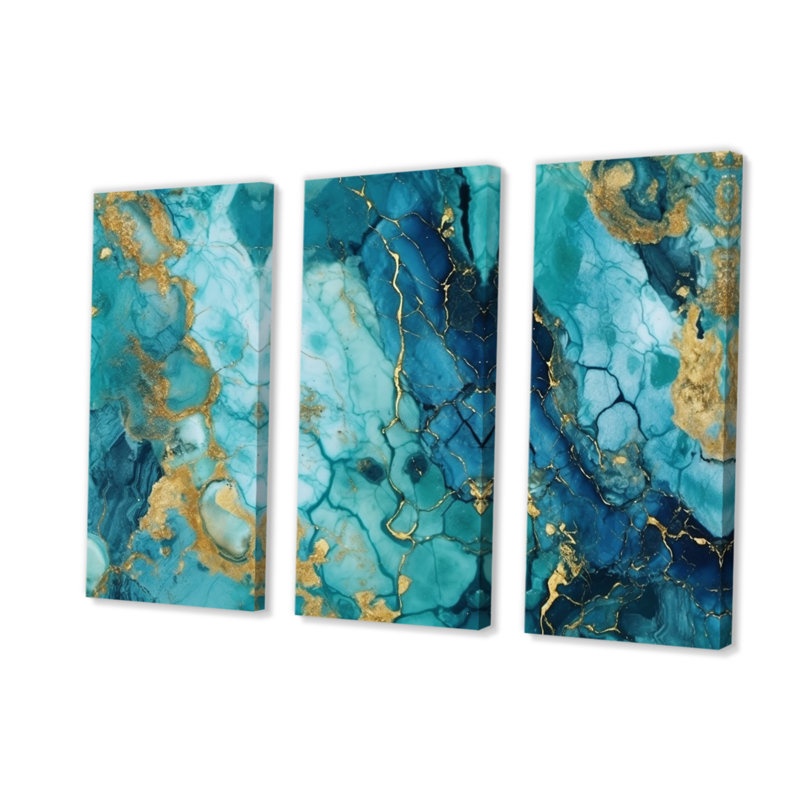 Turquoise de luxe, art fluide abstrait VII sur toile, reproduction de 3 pièces, H 28 po x l 36 po x P 1 po