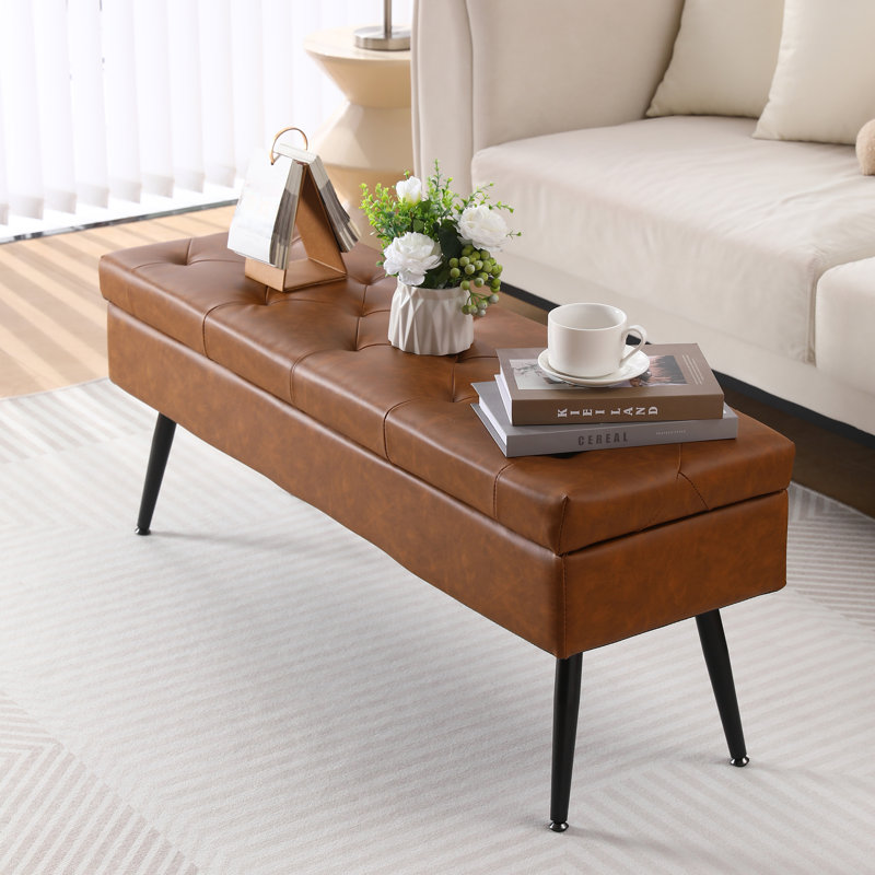 Banc de rangement en similicuir Honoka, Brun cognac, 17" H x 43.5" W x 13.8" D