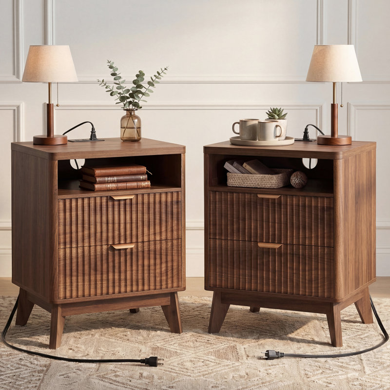 Ensemble de 2 tables de chevet avec table de recharge Rhyth Walnut, Noyer, Ensemble de 2