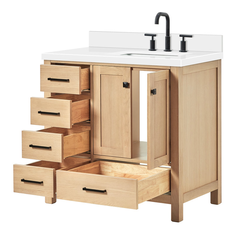 Cambridge 37'' W Single Vanity, Matte Black, Oak, Pure White Quartz
