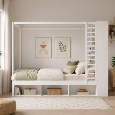 Cadre de lit à baldaquin en bois pour grand lit avec tête de lit bibliothèque, prises USB et lumières à DEL intelligentes, lit plateforme avec casiers de rangement sous le lit, tiroir de pied de lit et support de suspension réversible, blanc