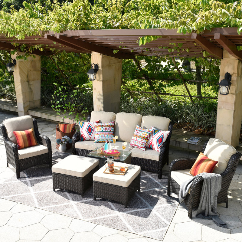 Wicker 5 - Person Patio Conversation Set with Cushions, Beige