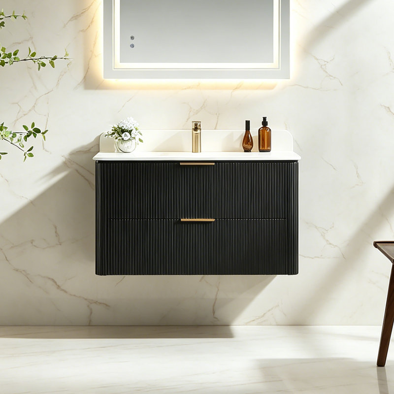 Meuble-lavabo flottant cannelé moderne 36 po avec lavabo en acrylique intégré et tiroirs à fermeture en douceur, Noir, 36"
