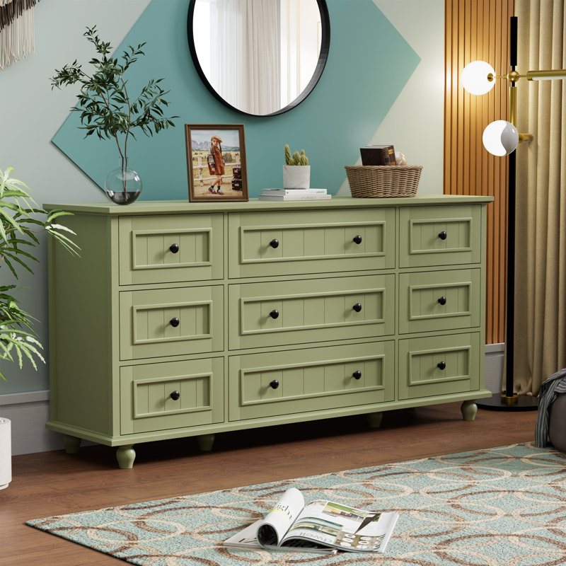 9 Drawer 63" W Retro Dresser, Green