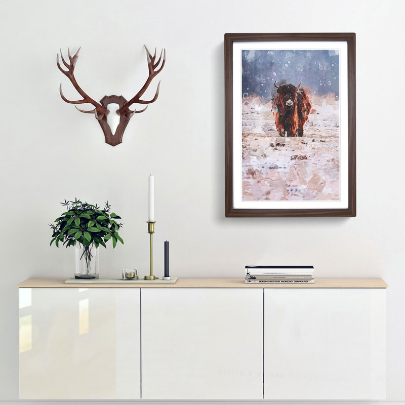 Lone Cow at Winter in Abstract - Picture Frame Graphic Art Print, 76cm H x 50cm W x 2cm D, Walnut